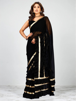 fFASHION Self Design, Striped, Solid/Plain, Embellished, Woven Bollywood Georgette Saree(Black)