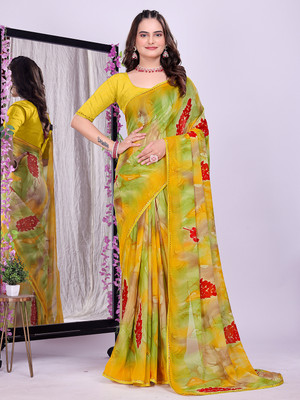Kanooda Prints Printed Bollywood Georgette Saree(Yellow)