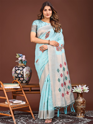 ASTITA Self Design Bollywood Linen Saree(Light Blue)