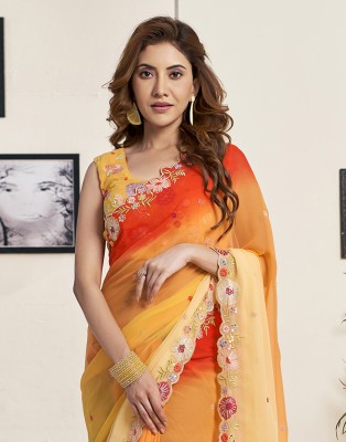 Samah Dyed, Ombre, Embellished, Embroidered Bollywood Chiffon, Georgette Saree(Yellow, Orange)