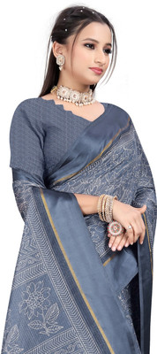 THE PRIVATE LABLE Printed Ikkat Linen Saree(Grey)