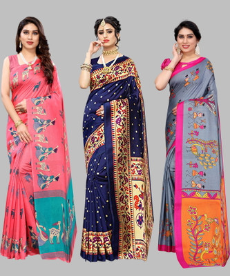 ANIRAV Printed Bollywood Art Silk Saree(Pack of 3, Pink)