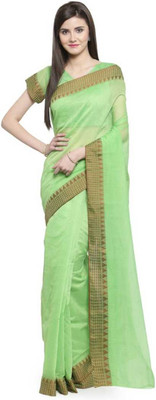 Saanjh Solid/Plain Saree with Attached Blouse Cotton Blend Saree(Green)