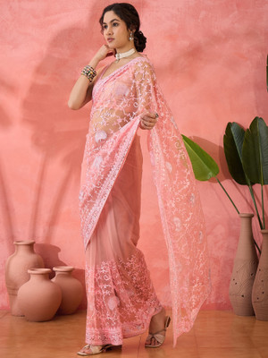 ShopGlobal Embroidered Banarasi Net Saree(Pack of 2, Pink)
