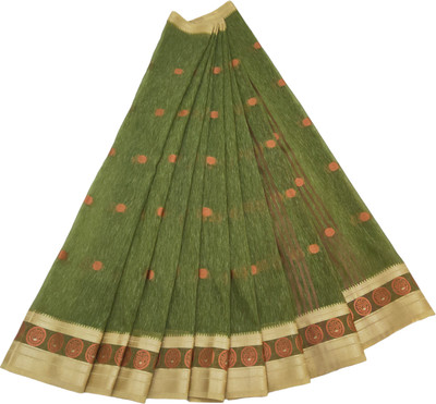 The FabLab Woven Handloom Cotton Linen Saree(Dark Green)
