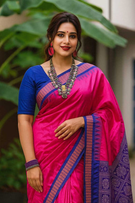 Afronza Temple Border, Solid/Plain, Woven, Self Design Sambalpuri Silk Blend, Jacquard Saree(Pink, Dark Blue)