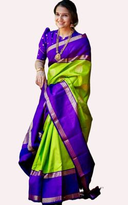 Pridivu Woven Mekhela Chador Art Silk Saree(Green, Purple)