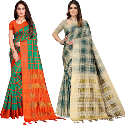 PRIYANSH CREATION Checkered Daily Wear Cotton Blend Saree(Pack of 2, Multicolor)