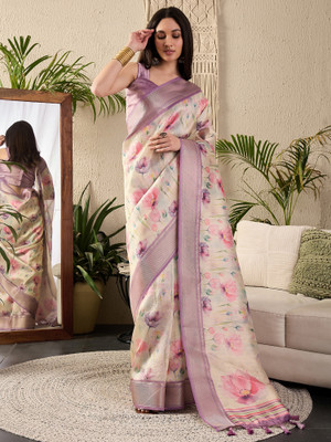 Sareemall Digital Print Chinnalapattu Silk Blend Saree(Cream)