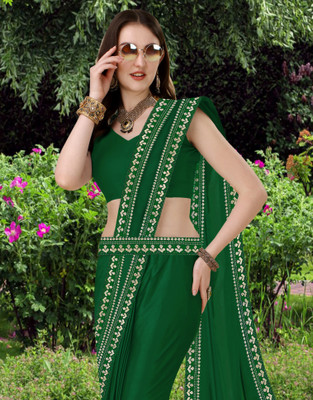 Anugrah Textile Solid/Plain Banarasi Lycra Blend, Chiffon Saree(Green)