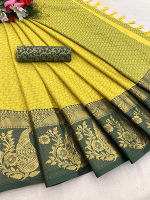 KanjiQueen Woven Kanjivaram Silk Blend, Pure Silk Saree(Light Green, Dark Green)