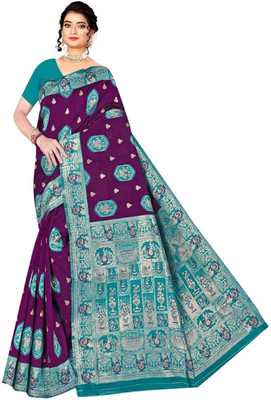 Radharani fusion Woven, Temple Border Paithani Art Silk Saree(Purple, Light Blue)
