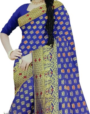 Laddu Ji Creations Floral Print Banarasi Silk Blend Saree(Dark Blue)