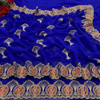 KanjiQueen Embroidered, Embellished Bollywood Georgette Saree(Blue)