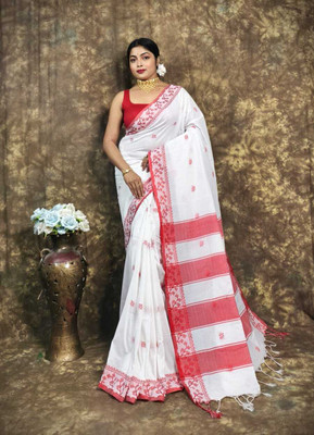 Balorampal Self Design Handloom Pure Cotton Saree(Red, White)