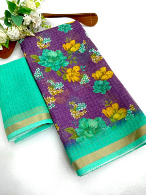 Saaransh Floral Print Kanjivaram Linen, Cotton Silk Saree(Purple)