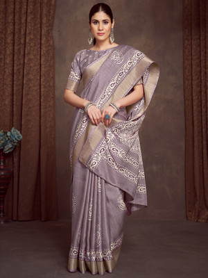 Sareemall Printed Hand Batik Silk Blend Saree(Purple)
