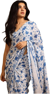 stylescope Floral Print Bollywood Georgette Saree(White)