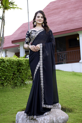 niesha fashion Embroidered, Floral Print, Solid/Plain Bollywood Chiffon Saree(Black)