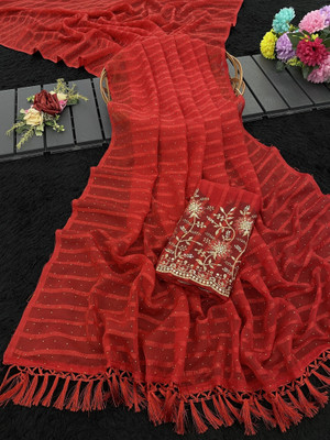 KREZVI Embellished Bollywood Chiffon Saree(Red)