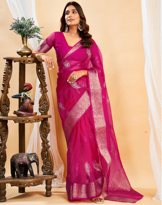 Satrani Embellished, Embroidered, Woven Banarasi Organza, Jacquard Saree(Pink)