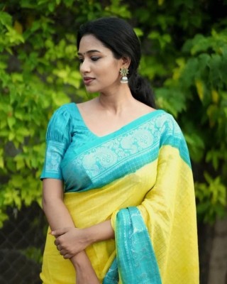 Nimidiya Woven Kanjivaram Pure Silk, Art Silk Saree(Yellow, Light Blue)