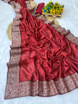 KRISHU ETHNICS Embellished Tant Silk Blend Saree(Red)