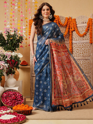 SILK ZONE Printed Chanderi Cotton Blend Saree(Blue)
