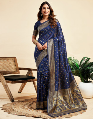 Samah Woven, Embellished Banarasi Silk Blend, Jacquard Saree(Blue)