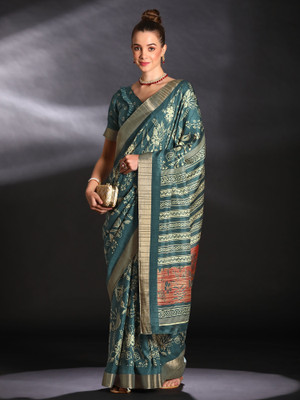 Sareemall Printed Madurai Silk Blend Saree(Dark Blue)