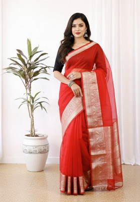 Madhabi Enterprise Temple Border, Solid/Plain Bollywood Organza Saree(Red)