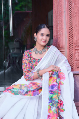 ShivGori Printed Bollywood Linen Saree(White)