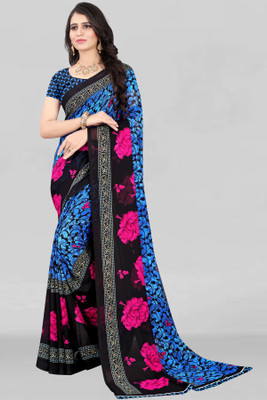 Leelavati Floral Print Bollywood Georgette Saree(Blue)