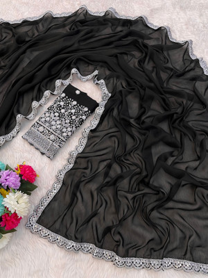 K 5 FASHION Self Design, Solid/Plain, Embroidered Bollywood Chiffon Saree(Black)