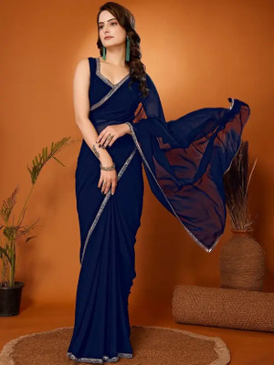 KURTAKULTURE Solid/Plain, Embellished Bollywood Georgette Saree(Blue)