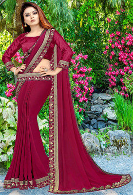 HNC Retail Temple Border, Solid/Plain Bollywood Lycra Blend, Chiffon Saree(Pink)