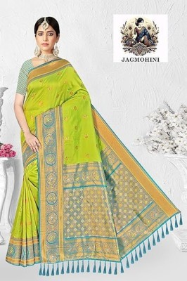 JAGMOHINI Solid/Plain Banarasi Raw Silk Saree(Light Green)