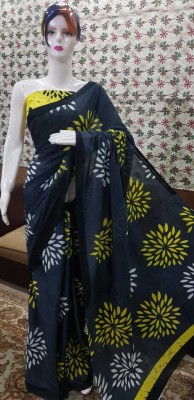 Cotton Mulmul Saree Hub Blocked Printed, Self Design, Dyed, Printed, Floral Print, Color Block Daily Wear Pure Cotton Saree(Blue)