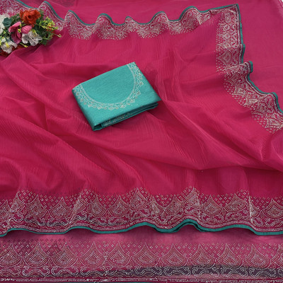 HouseOfCommon Embellished, Solid/Plain Bollywood Supernet Saree(Pink)