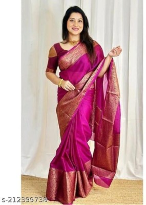 VAKHARIYAFAB Woven, Solid/Plain Kanjivaram Cotton Silk, Pure Silk Saree(Pink)