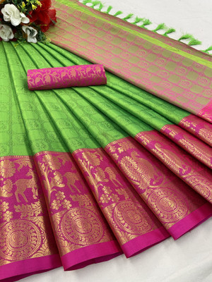 KanjiQueen Printed Kanjivaram Cotton Silk, Silk Blend Saree(Green, Pink)