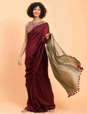 PARTHA BISWAS Solid/Plain Handloom Cotton Blend Saree(Red)