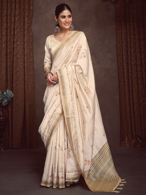 ANOUK Woven Kasavu Linen Saree(Cream)