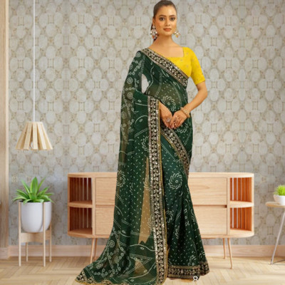 HARISH Printed Bandhani Georgette Saree(Green)