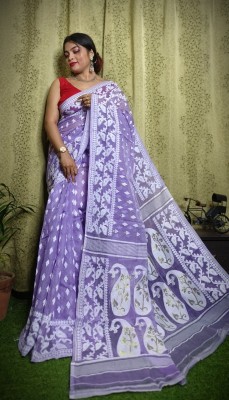 Binita saree Center Woven Jamdani Cotton Silk Saree(Purple, White)