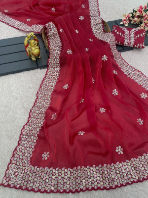 RK Creation Embroidered Handloom Silk Blend Saree(Red)