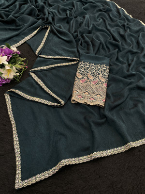 K 5 FASHION Embroidered, Solid/Plain Bollywood Chiffon Saree(Dark Blue)