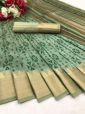 PRIYESHA TEXTILES Printed Assam Silk Cotton Silk Saree(Green)