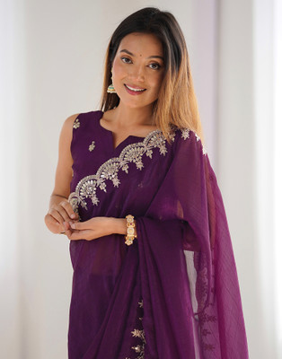 Satrani Embellished, Embroidered Bollywood Jimmy choo, Chiffon Saree(Purple)