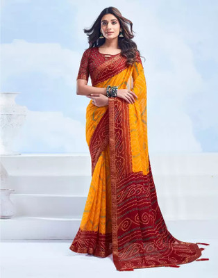 Sudarshana Printed Bandhani Chiffon Saree(Yellow, Maroon)